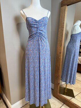 Mango Blue Floral Ruched Spaghetti Strap Maxi Dress S